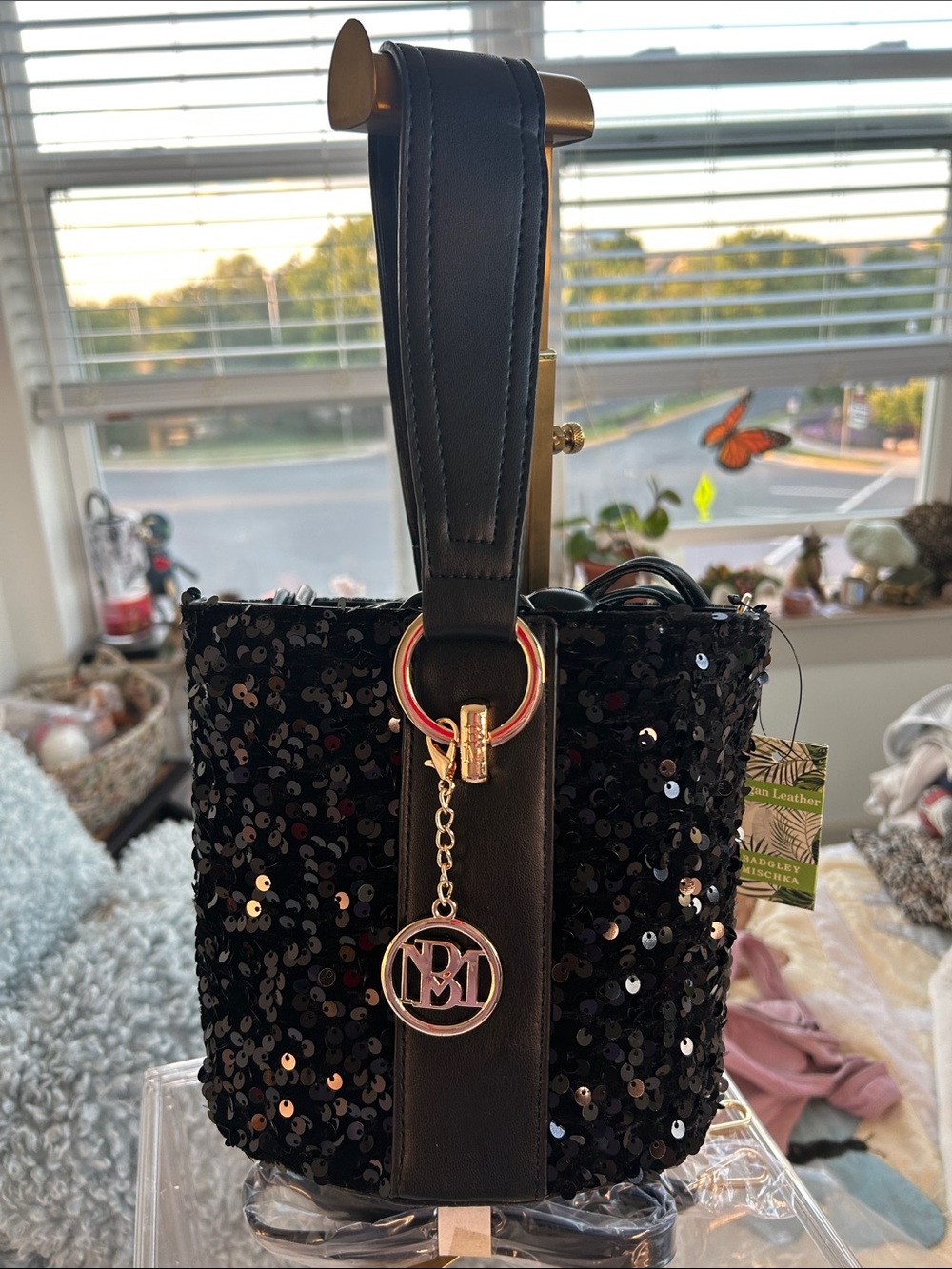Badgley Mischka Black Sequin Bucket Bag/Silver Hardware 6.5”x 5.5”x 6.75” NWT